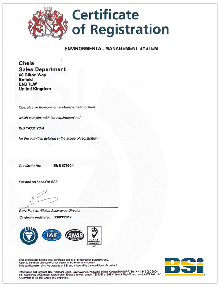 CHELA EMS 14001:2004 Certificate