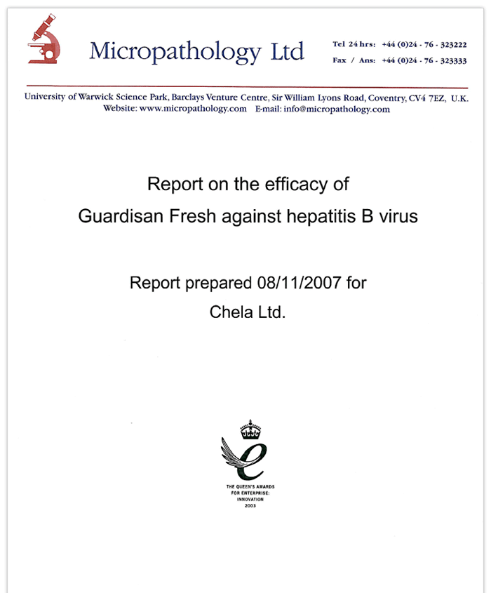 GUARDISAN FRESH Test Report by Micro pathology Lab, UK for Testing Hepatitis B, C & HIV Viruses
