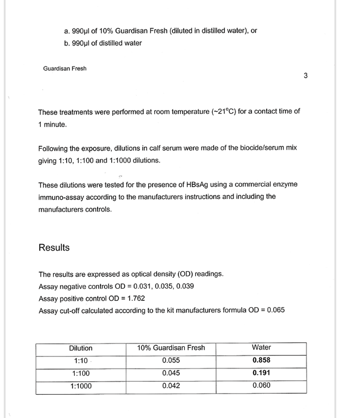 GUARDISAN FRESH Test Report by Micro pathology Lab, UK for Testing Hepatitis B, C & HIV Viruses