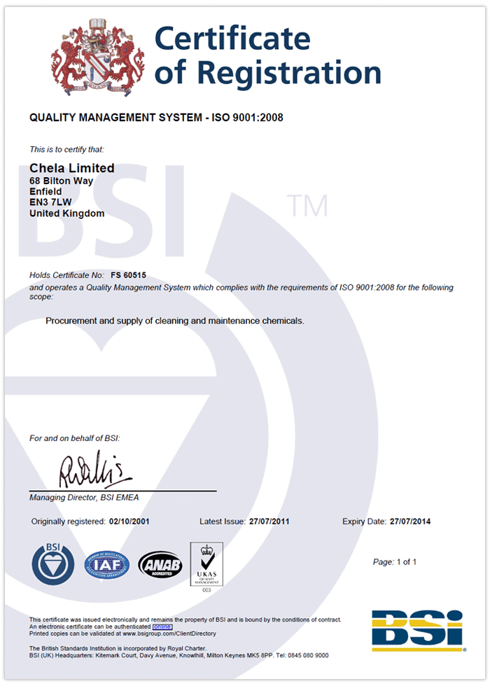 CHELA ISO 9001:2008 Certificate