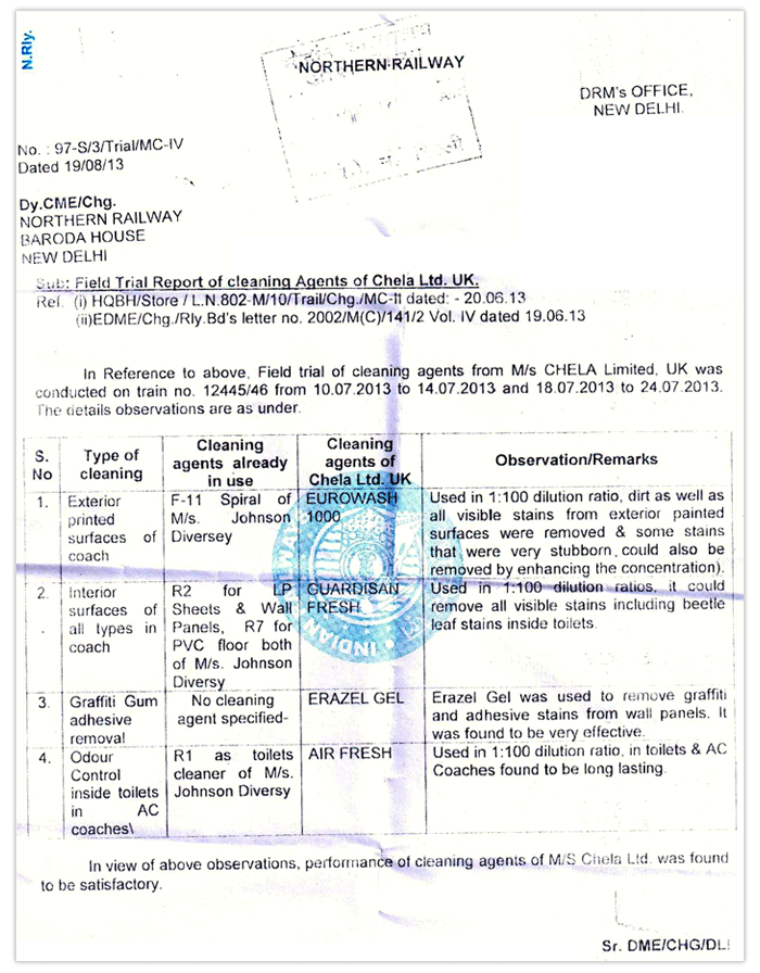 Official Field Trial Reports of GUARDISAN FRESH, Eurowash 1000, ERAZE GEL & AIRFRESH by Northern Railway, India