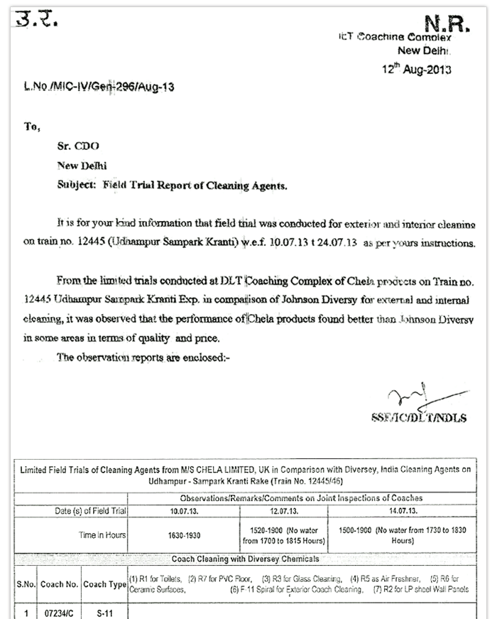 Official Field Trial Reports of GUARDISAN FRESH, Eurowash 1000, ERAZE GEL & AIRFRESH by Northern Railway, India