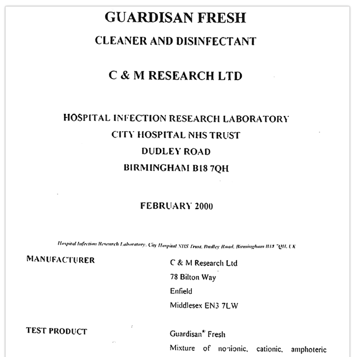 GUARDISAN FRESH Test Report by Hospital Infection Research Laboratory, UK for Bactericidal Test (MSRA)