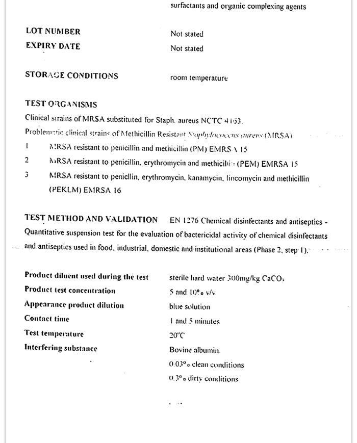 GUARDISAN FRESH Test Report by Hospital Infection Research Laboratory, UK for Bactericidal Test (MSRA)