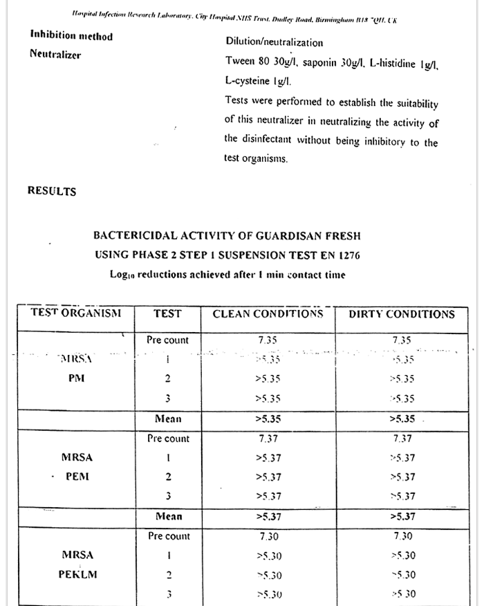 GUARDISAN FRESH Test Report by Hospital Infection Research Laboratory, UK for Bactericidal Test (MSRA)