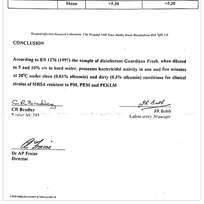 GUARDISAN FRESH Test Report by Hospital Infection Research Laboratory, UK for Bactericidal Test (MSRA)