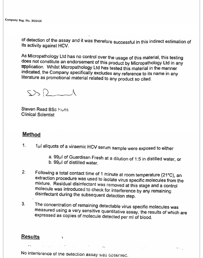 GUARDISAN FRESH Test Report by Micro pathology Lab, UK for Testing Hepatitis B, C & HIV Viruses