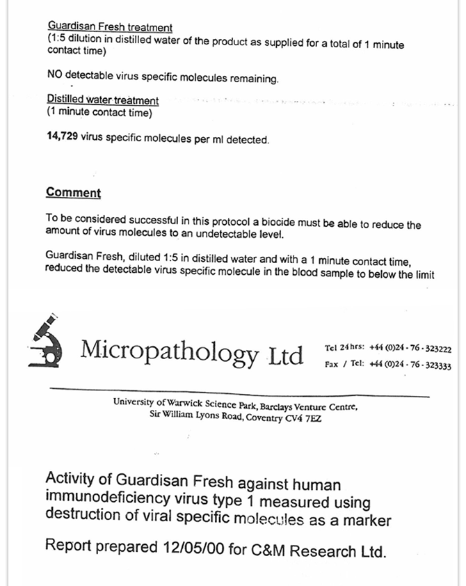 GUARDISAN FRESH Test Report by Micro pathology Lab, UK for Testing Hepatitis B, C & HIV Viruses