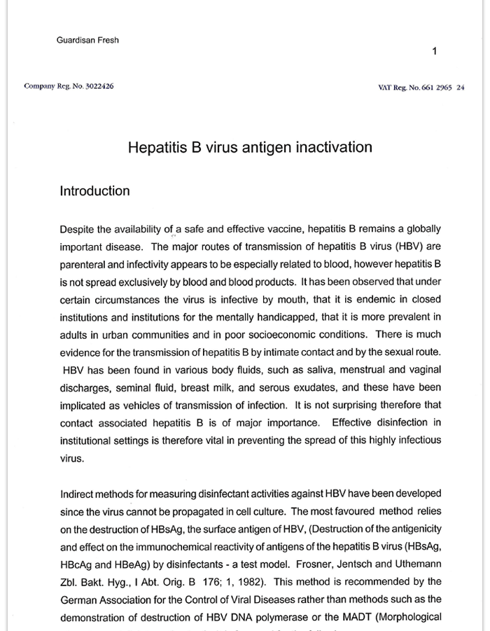 GUARDISAN FRESH Test Report by Micro pathology Lab, UK for Testing Hepatitis B, C & HIV Viruses