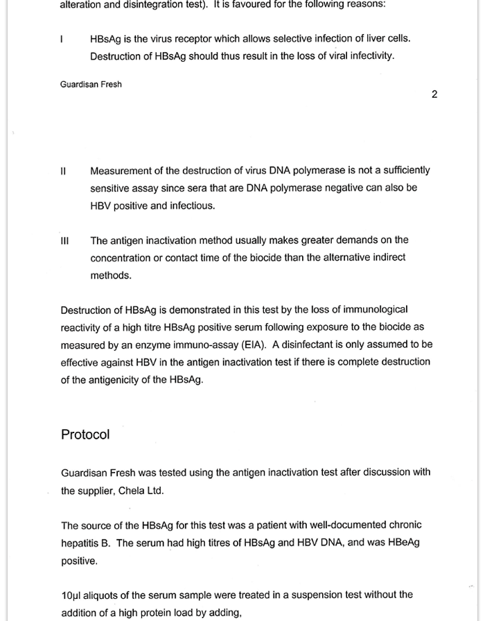 GUARDISAN FRESH Test Report by Micro pathology Lab, UK for Testing Hepatitis B, C & HIV Viruses