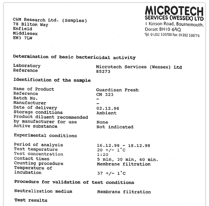 GUARDISAN FRESH Test Report by Microtech Services, UK for Bactericidal Test