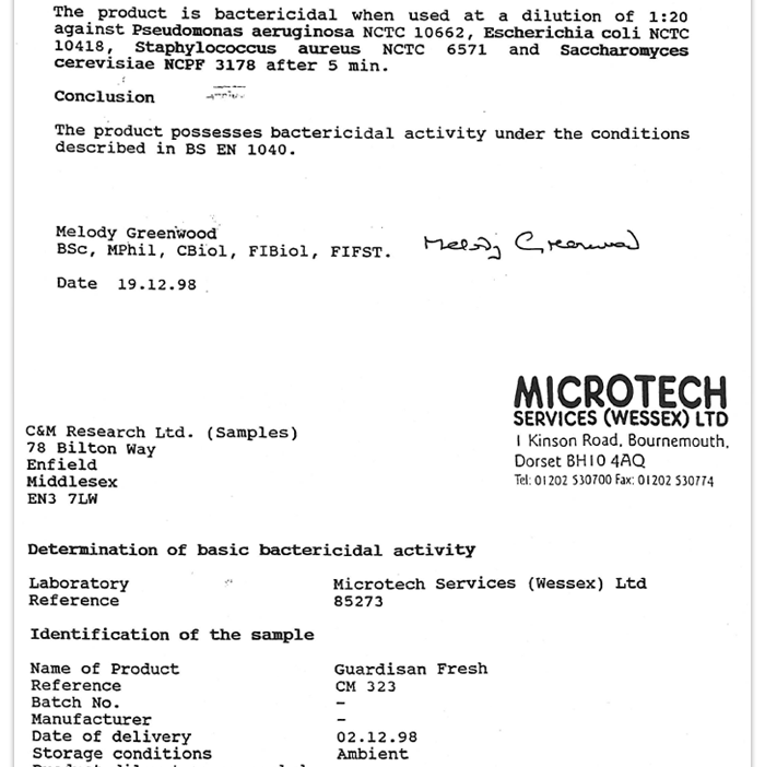 GUARDISAN FRESH Test Report by Microtech Services, UK for Bactericidal Test