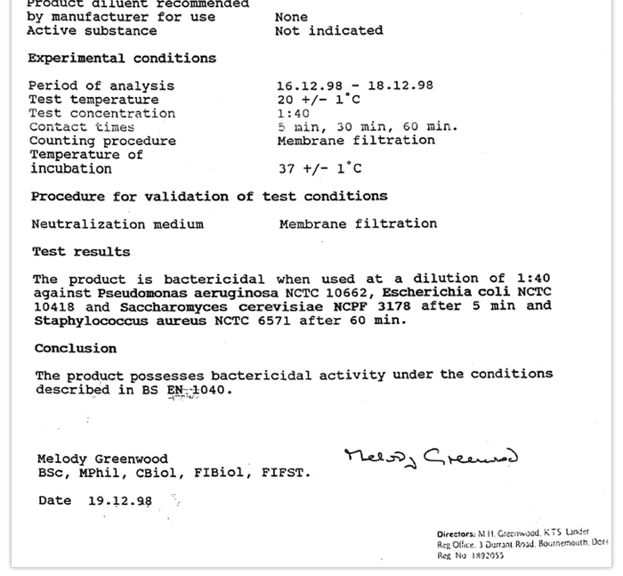 GUARDISAN FRESH Test Report by Microtech Services, UK for Bactericidal Test