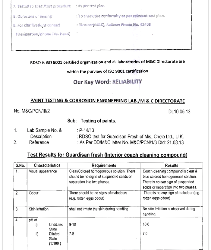 GUARDISAN FRESH Test Report by RDSO (M&C) Lucknow, Indian Railways